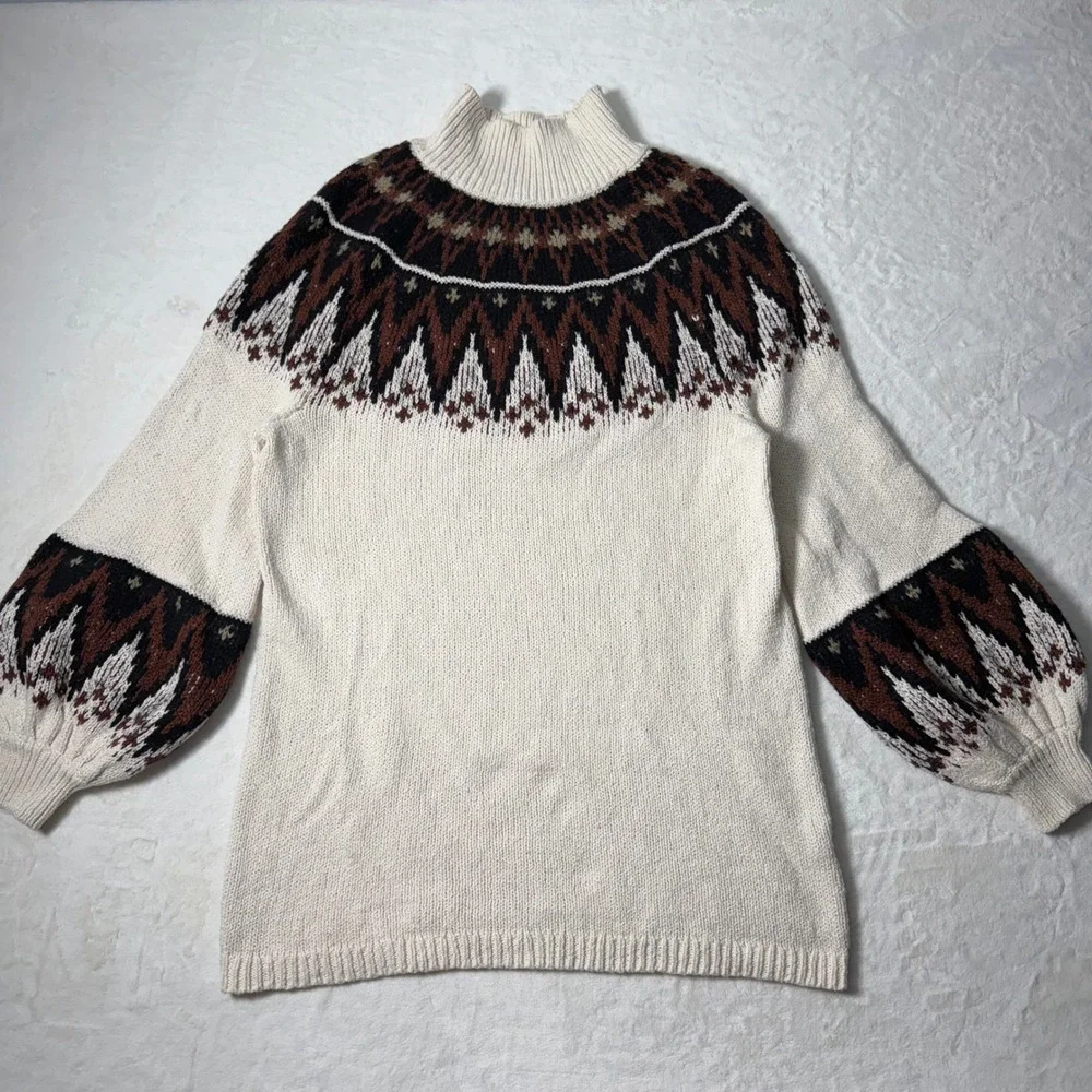 Free People Scotland‎ Mock Neck Fair Isle Sweater Mini Dress Sz S Balloon Sleeve